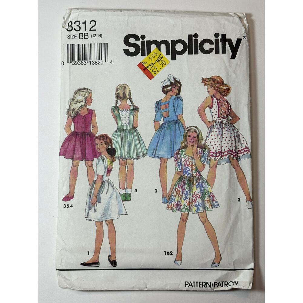 Simplicity 8312 Girls Dress with Back Variations Sizes 12 - 14 vn